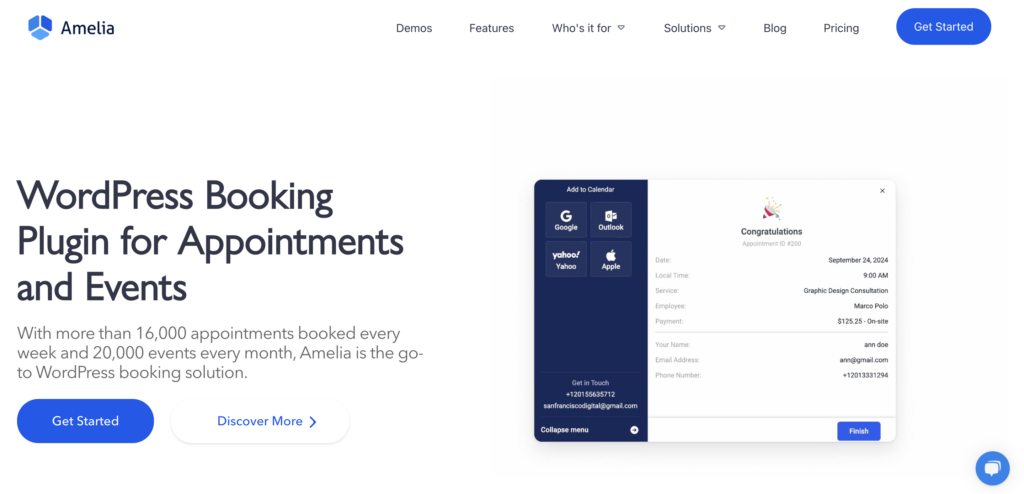 WP Amelia website landing page