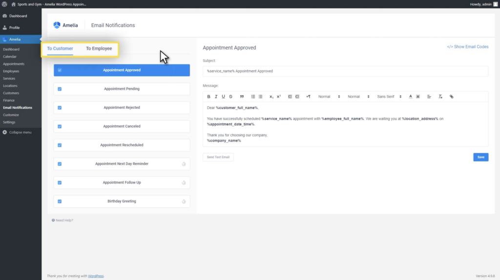 How to set confirmation emails in Amelia