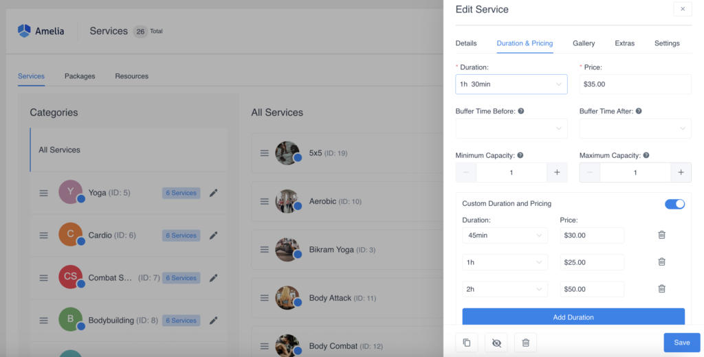 amelia custom pricing by duration