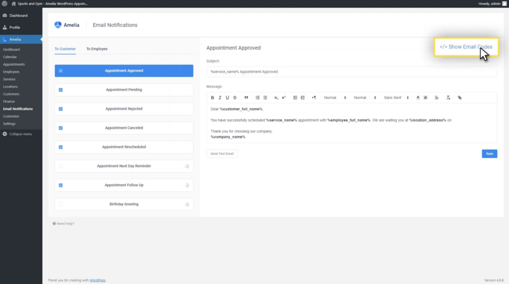 Setting up placeholders for email reminders