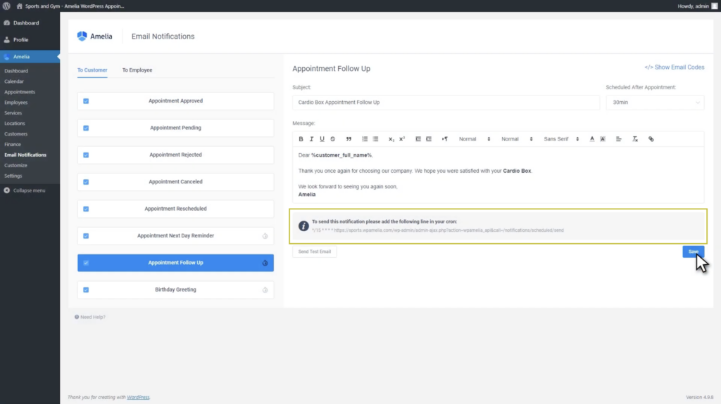 How to set scheduled notifications in Amelia