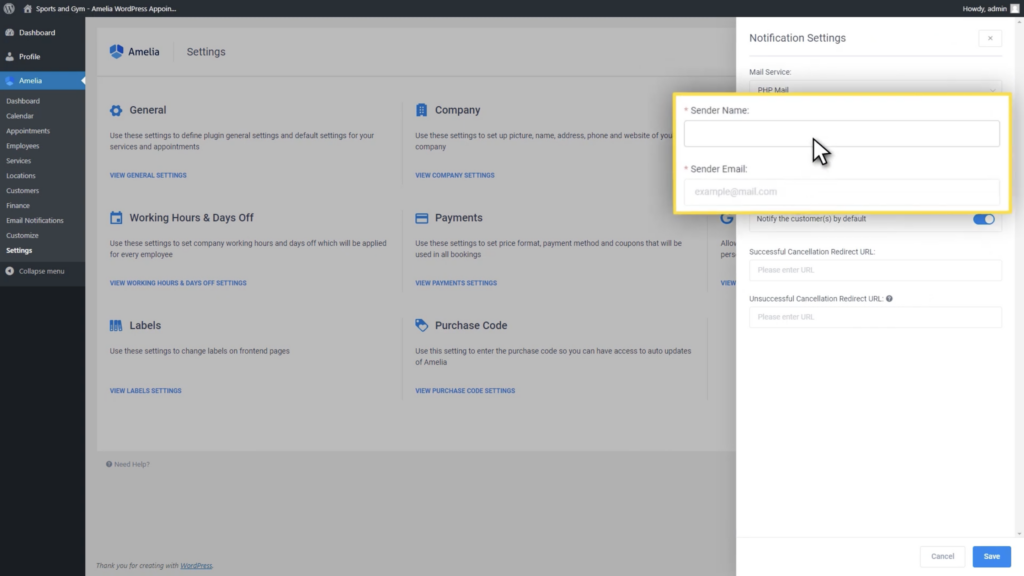 Setting up sender information for email notifications in Amelia