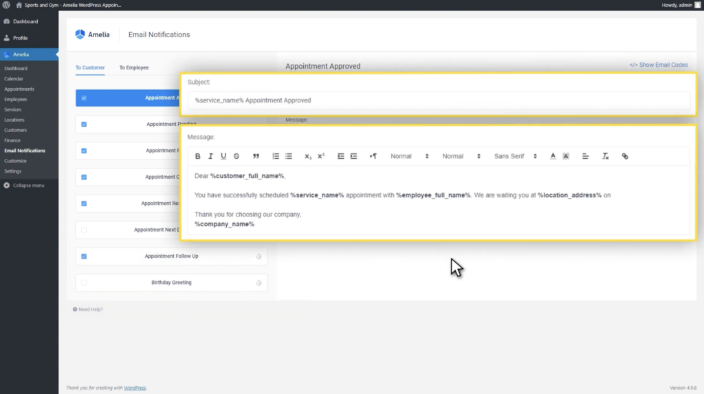 How to customize text and subject line for email notifications in Amelia