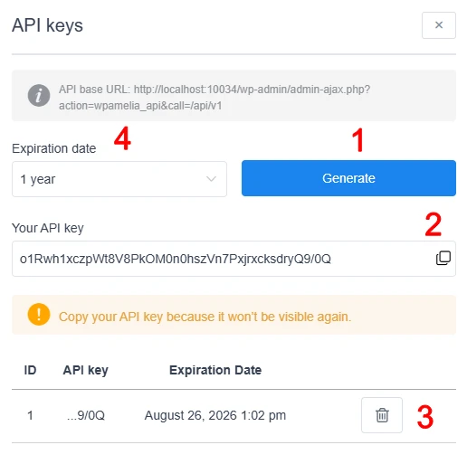 Amelia API key settings showing options to generate, copy, delete, and set expiration date