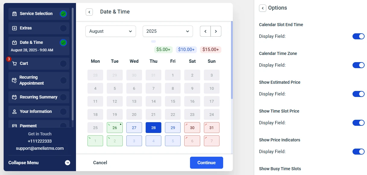 Adjust the calendar showing custom prices per date and time in Amelia