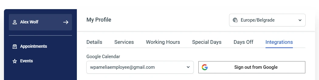 Employee profile showing active Google Calendar connection