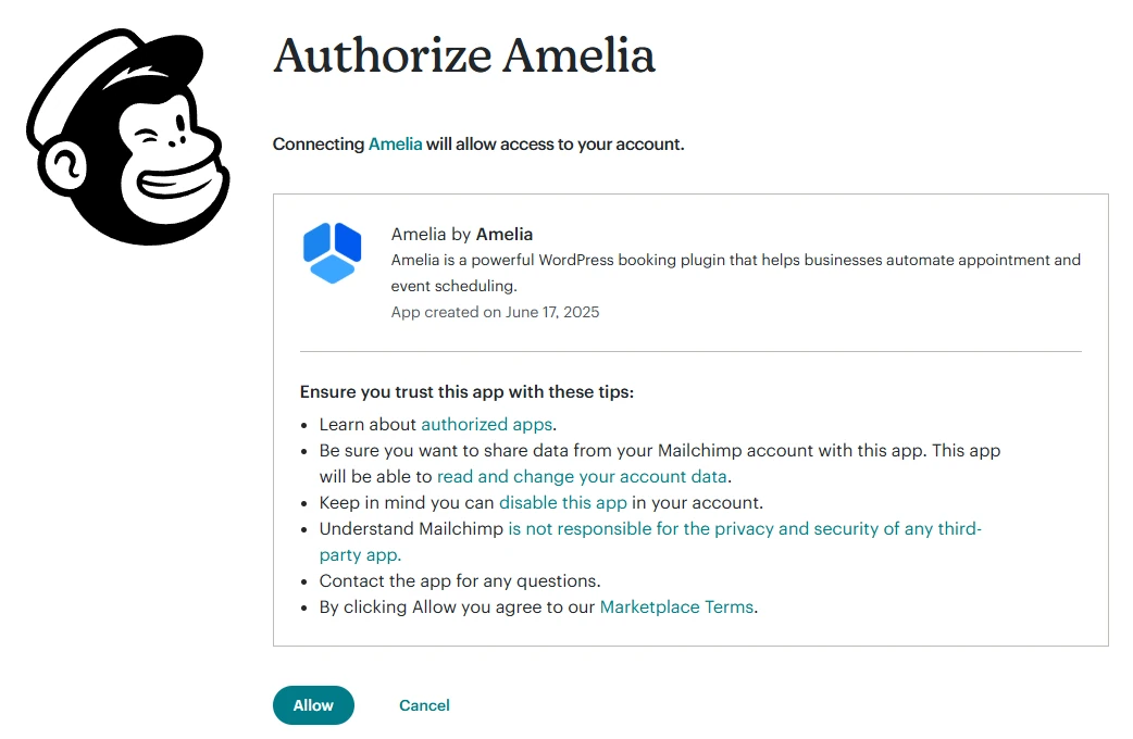 Authorizing Amelia to connect to Mailchimp