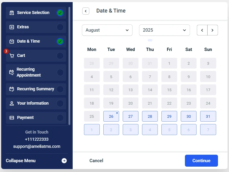 Booking calendar showing time slot prices in Amelia