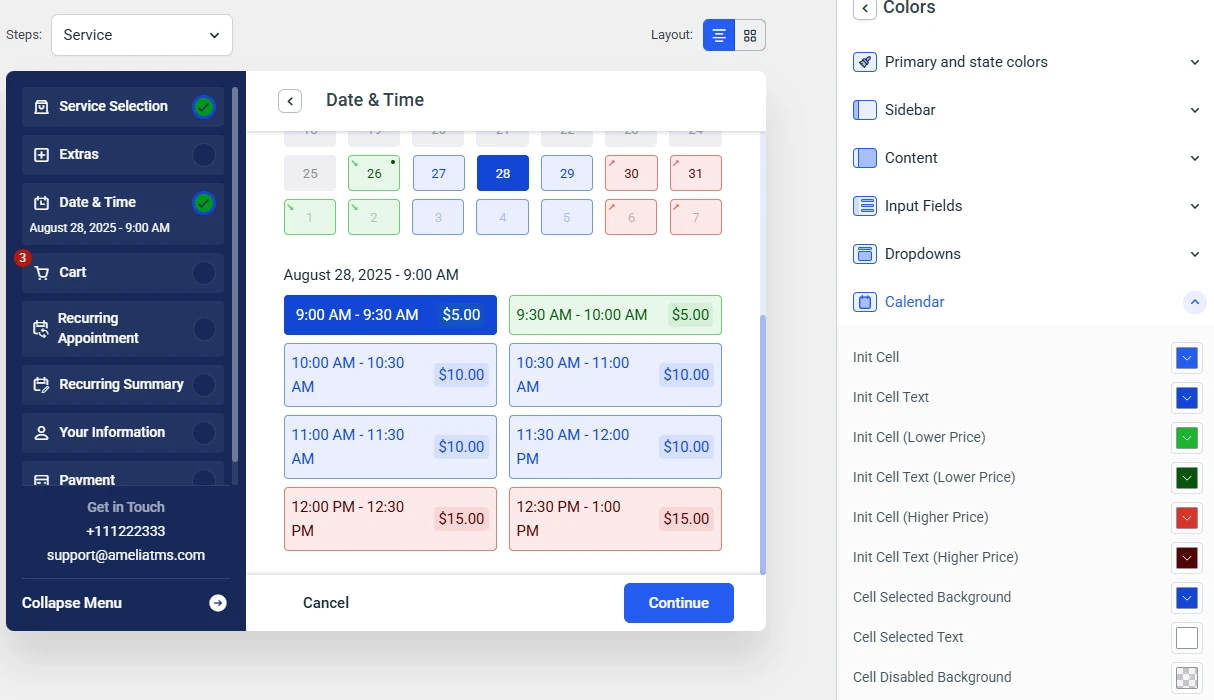 Color customization for pricing by date in Amelia