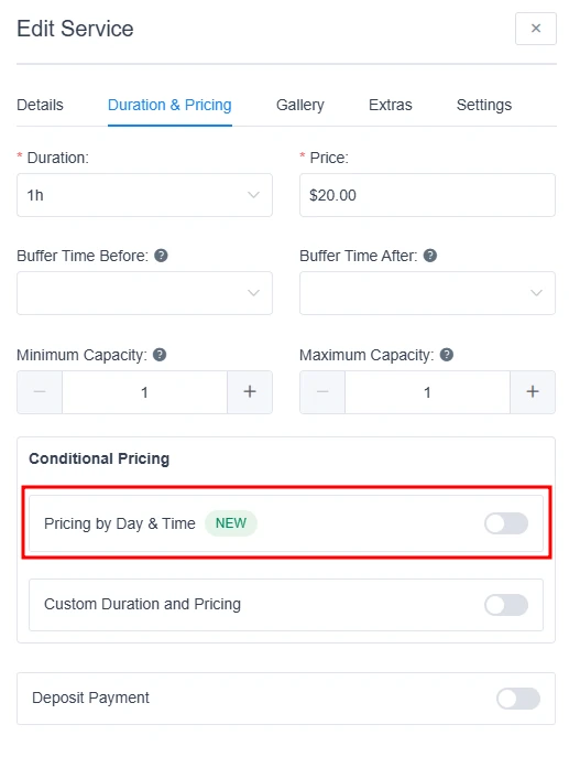 Pricing by Date & Time toggle in Amelia service settings
