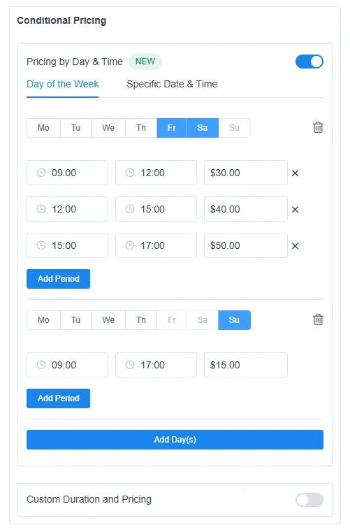 Custom pricing by day of the week in Amelia