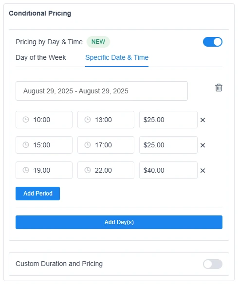 Custom pricing by specific date and time in Amelia