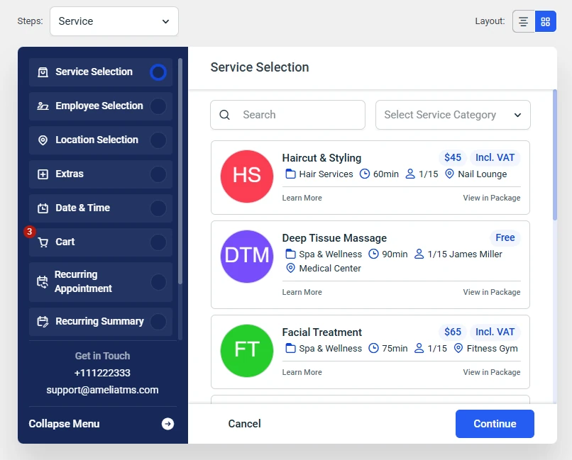 Step-by-step form layout selector in Amelia Customize settings