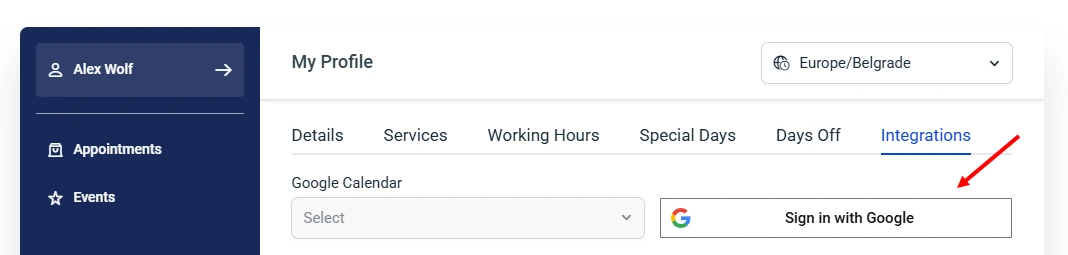 Connecting employee Google Calendar in Amelia Employee Panel