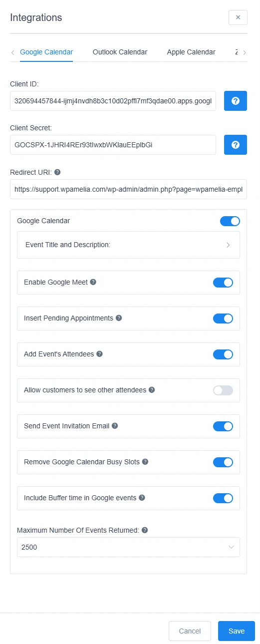Configure Google Calendar settings in Amelia
