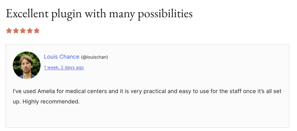 Client review for Amelia booking solution