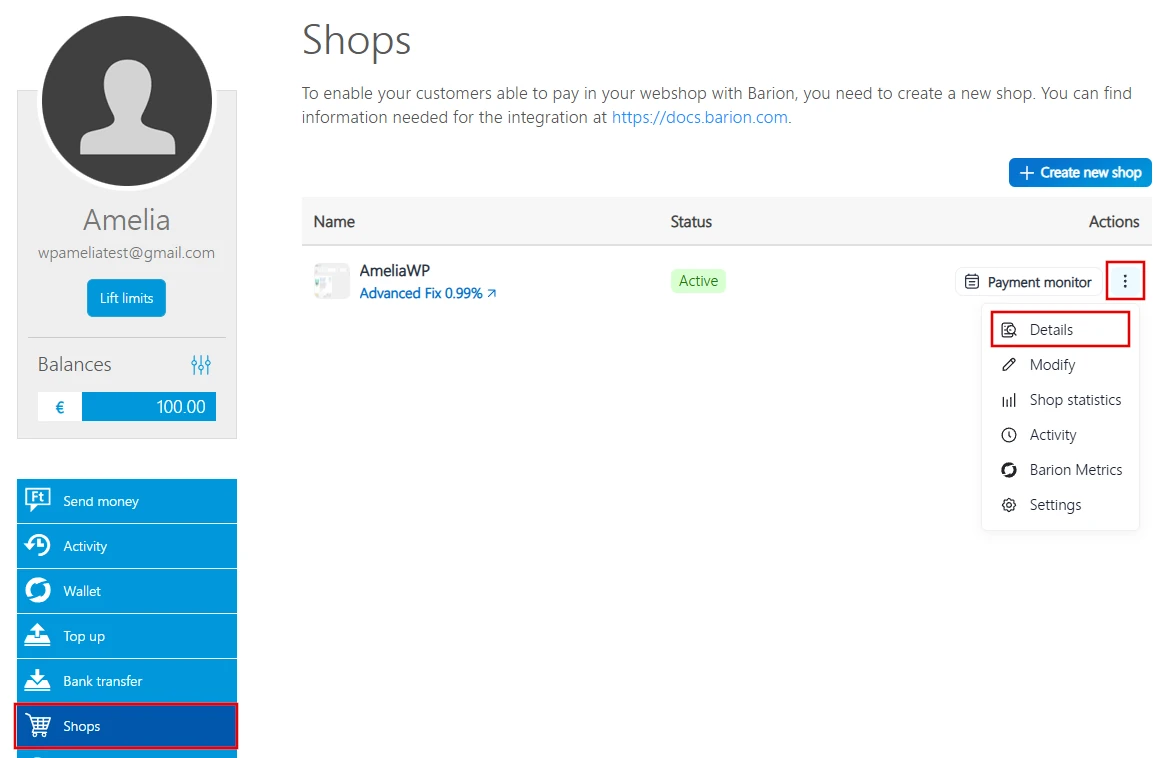 Accessing POSKey details in Barion shop details page.