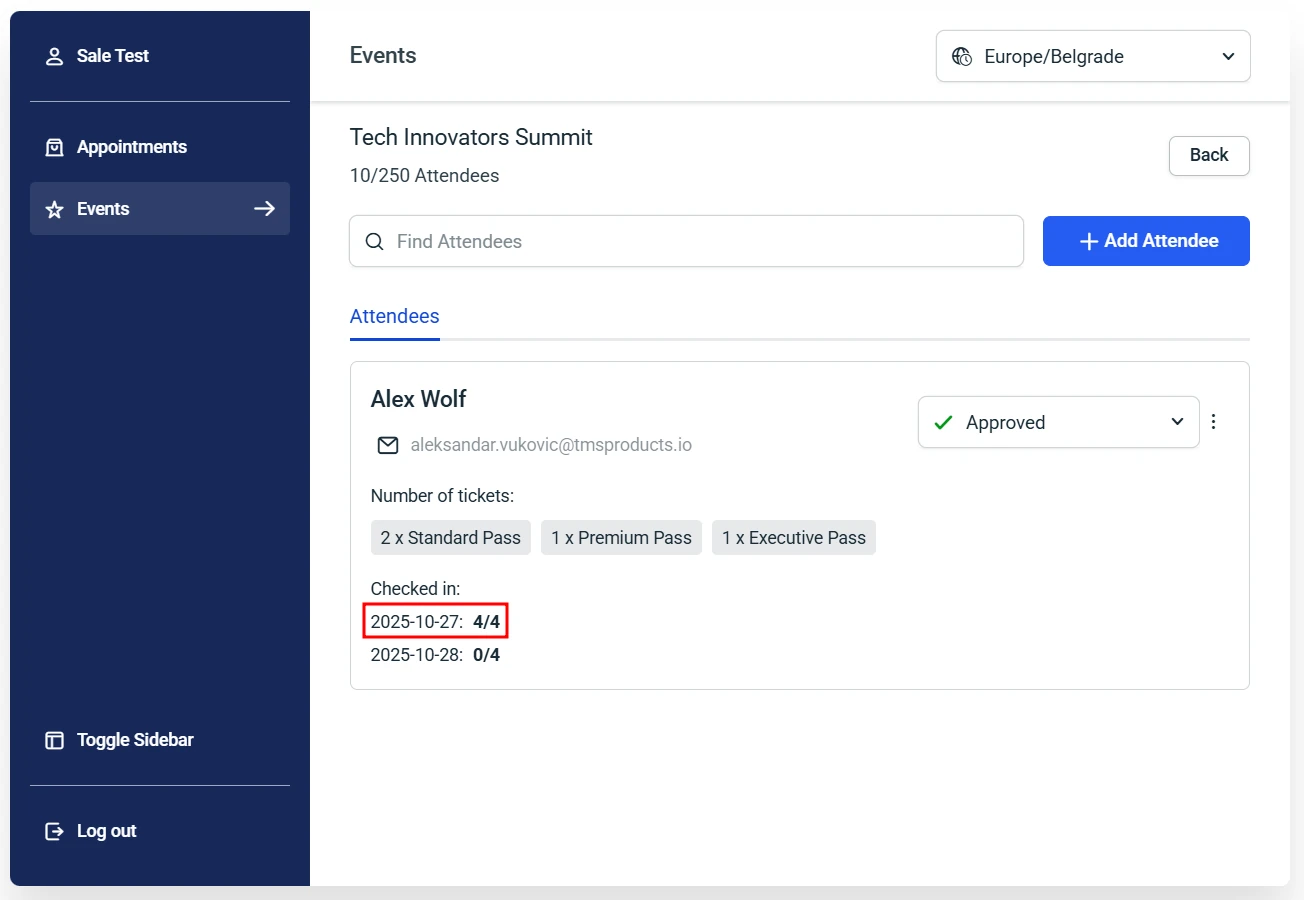 Attendees list in the Employee Panel in Amelia.
