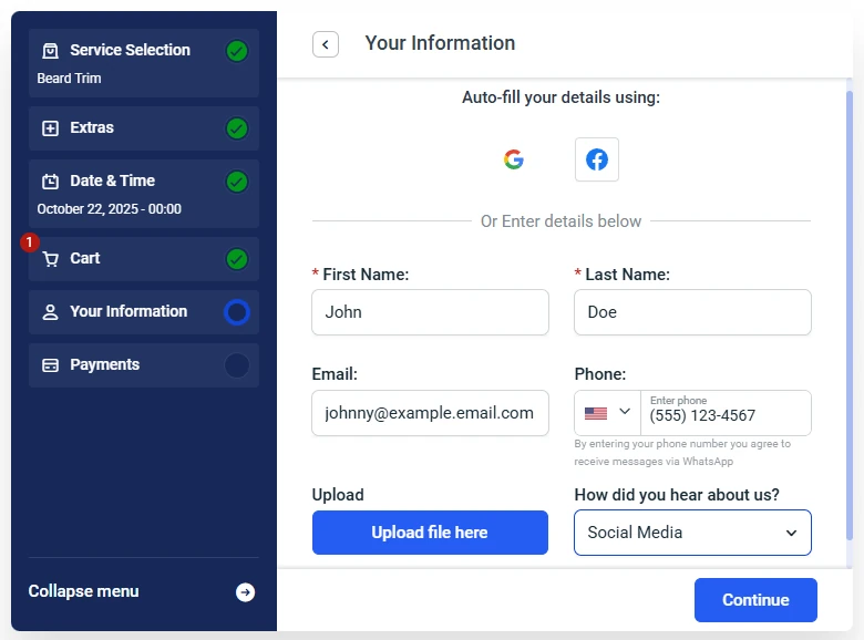amelia-booking-custom-fields-example Booking form showing additional custom fields in Amelia
