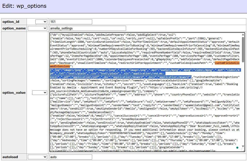 customFieldsAllowedExtensions parameter inside amelia_settings in phpMyAdmin.
