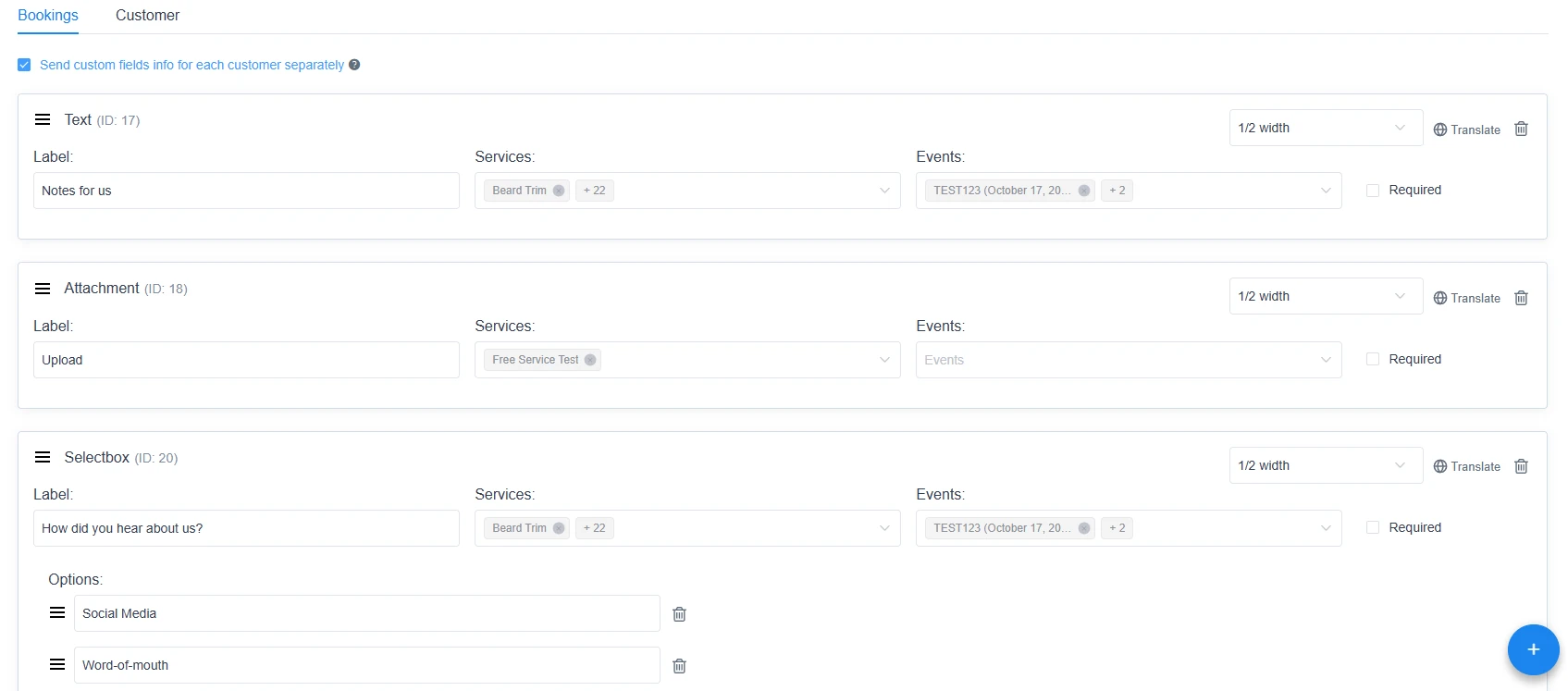 List of Custom Fields in the Amelia admin panel