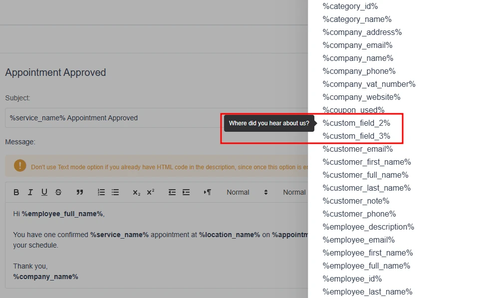 Custom Fields placeholders listed in the Show Email Placeholders dropdown in Amelia Notifications.