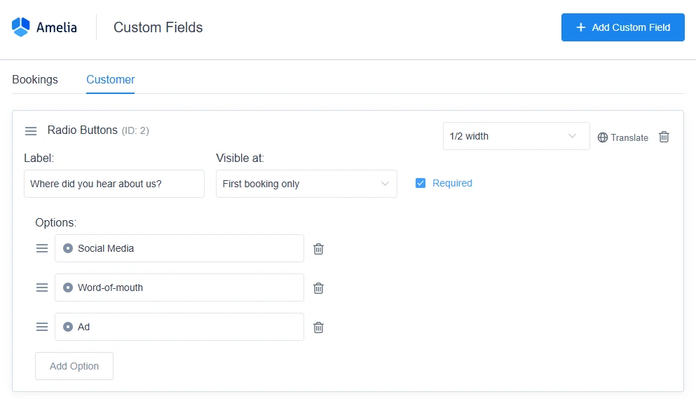 Customer tab in Amelia Custom Fields settings.