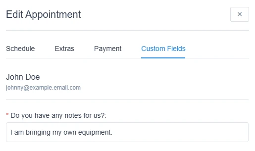 Custom Fields tab inside Edit Appointment dialog in Amelia.