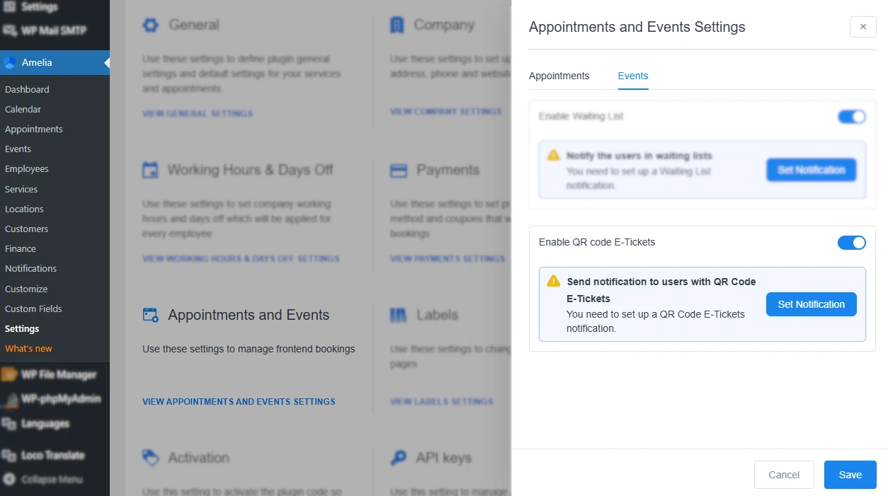 Enable QR code e-tickets option in Amelia settings under the Events tab.