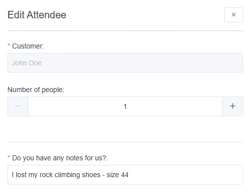 Edit attendee dialog showing custom field data in an event booking in Amelia.