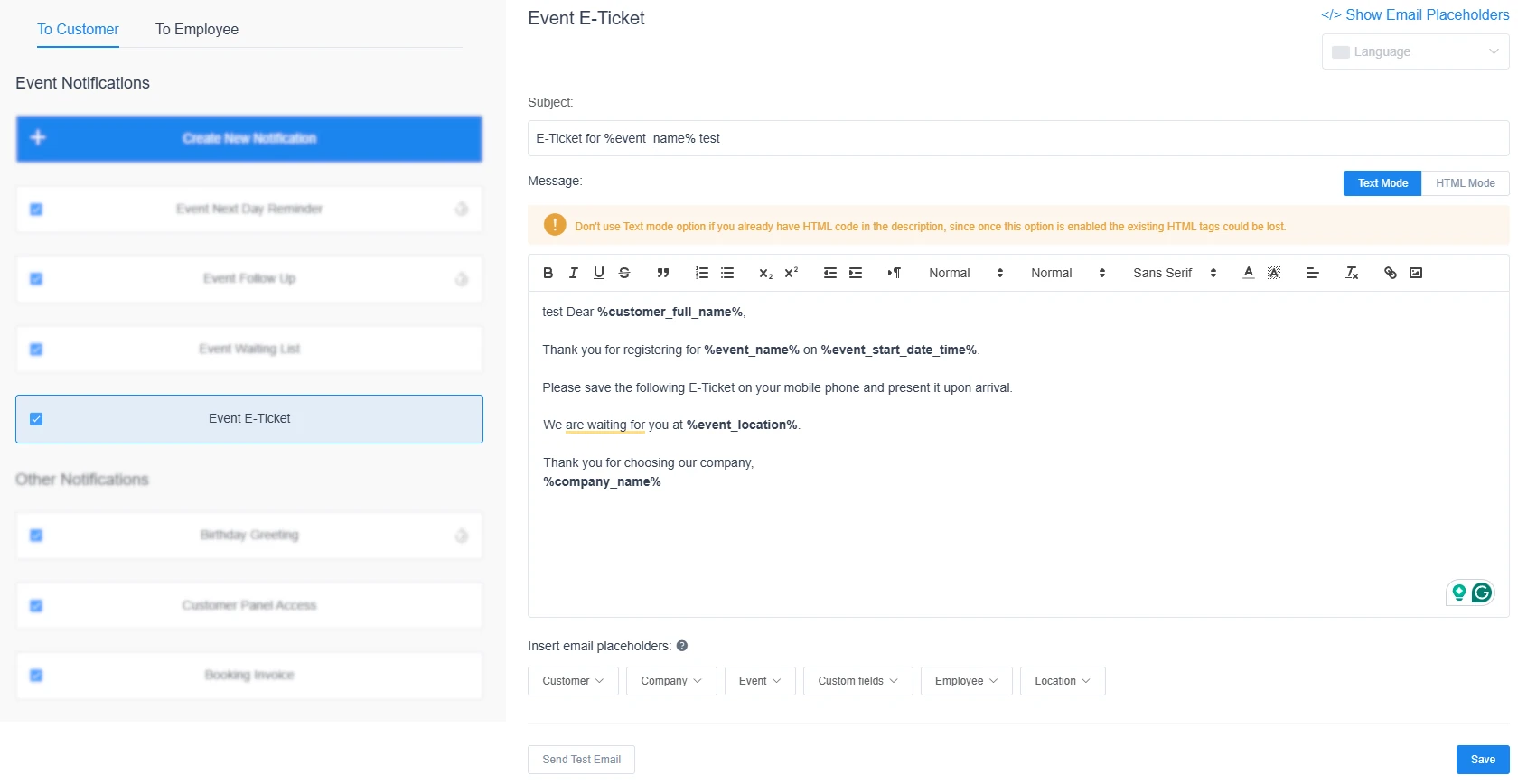 Event E-Ticket notification template shown in Amelia’s Customers notifications list.