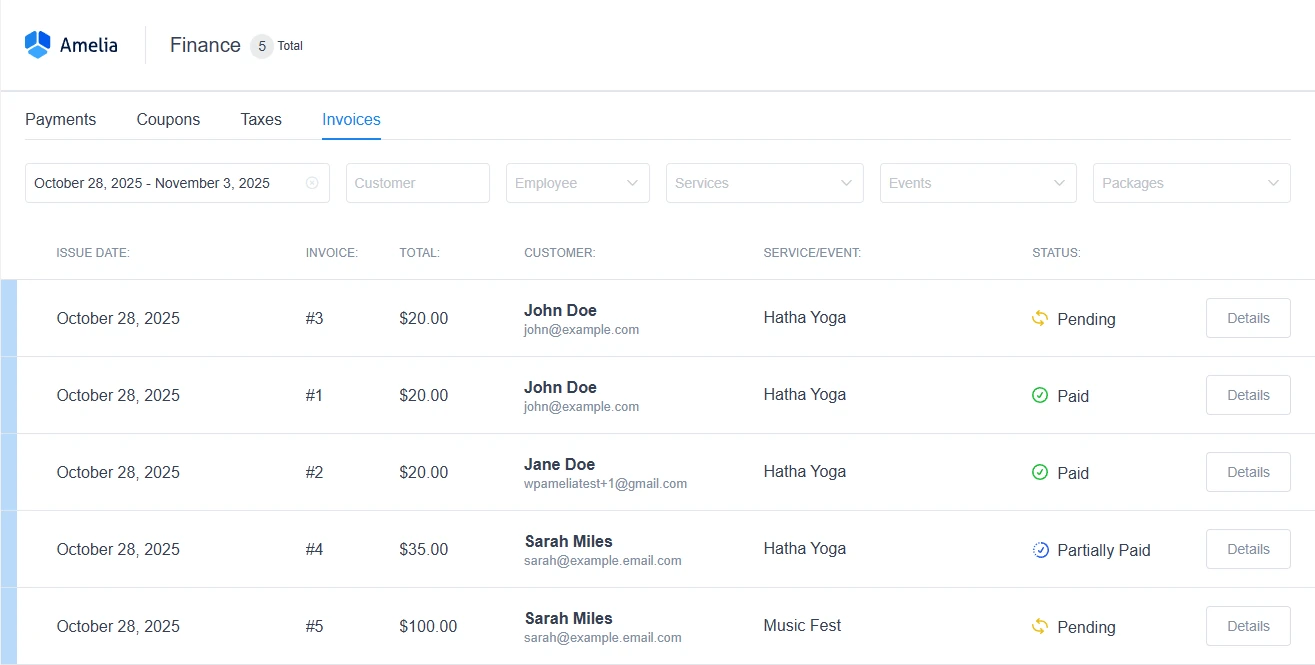 amelia-finance-invoices-list Invoices tab in Amelia Finance section showing generated customer invoices.