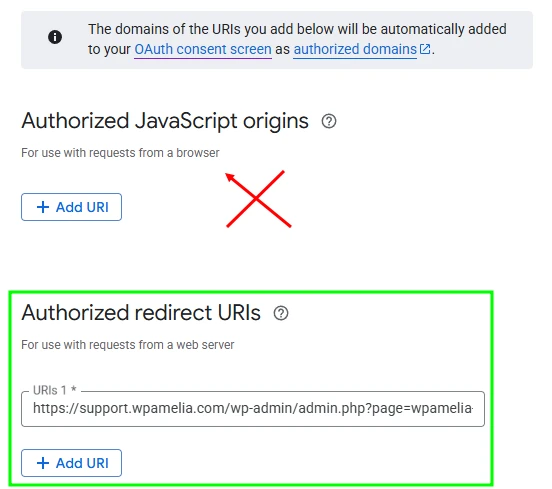 Defining Redirect URI in Google Cloud Console.