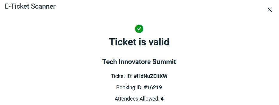 Example of group QR code validation in Amelia where scanning one code validates all tickets in the group.