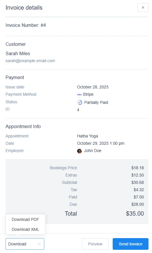 amelia-invoice-details Invoice details in Amelia Finance showing preview, download, and send options.