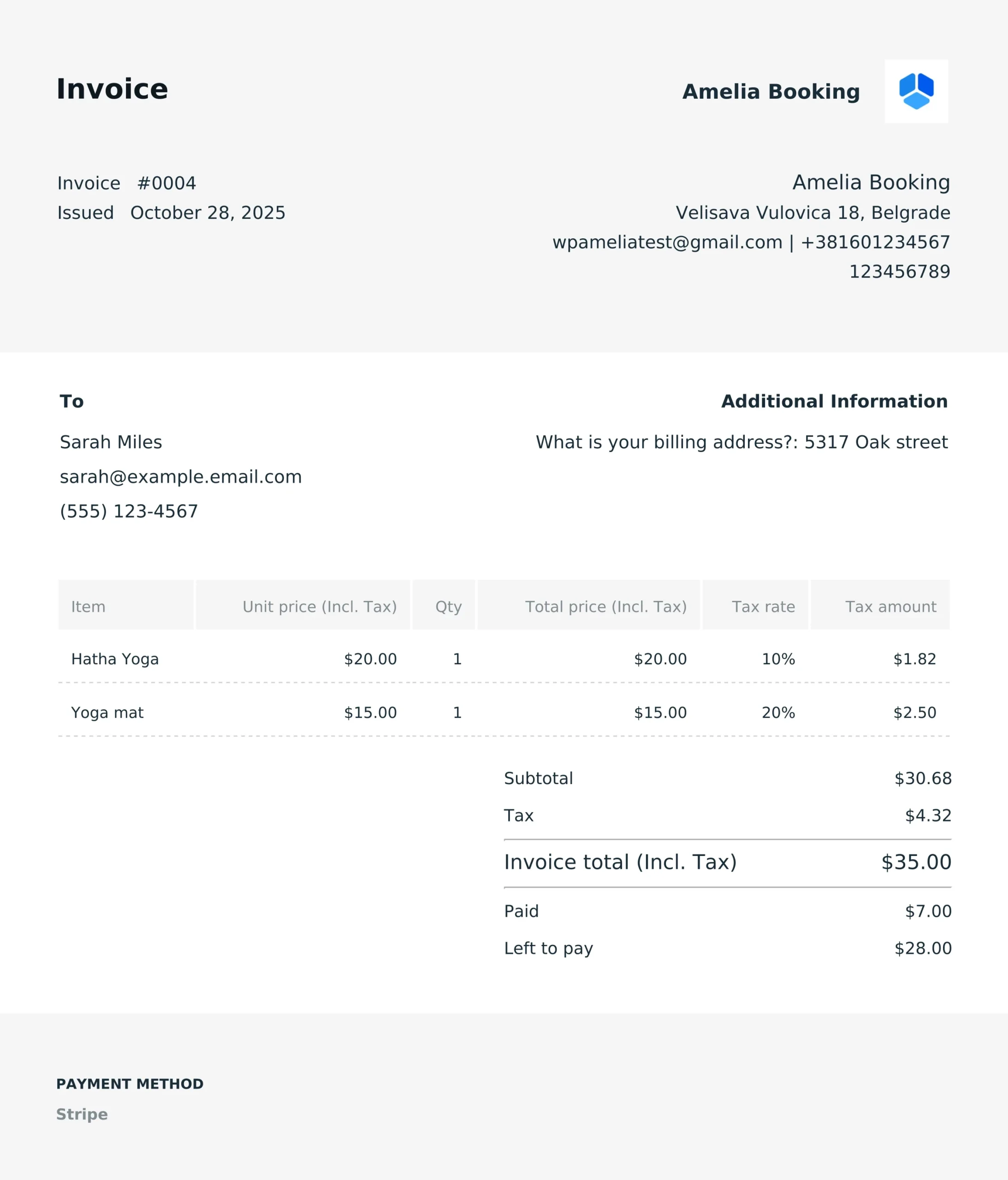 amelia-invoice-sample Example of a PDF invoice generated in Amelia showing service details, total price, and company information.
