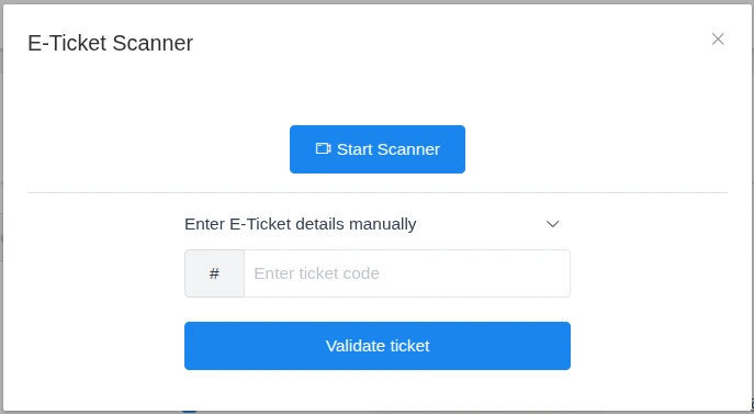 Manual E-Ticket validation form in Amelia showing ticket code field.