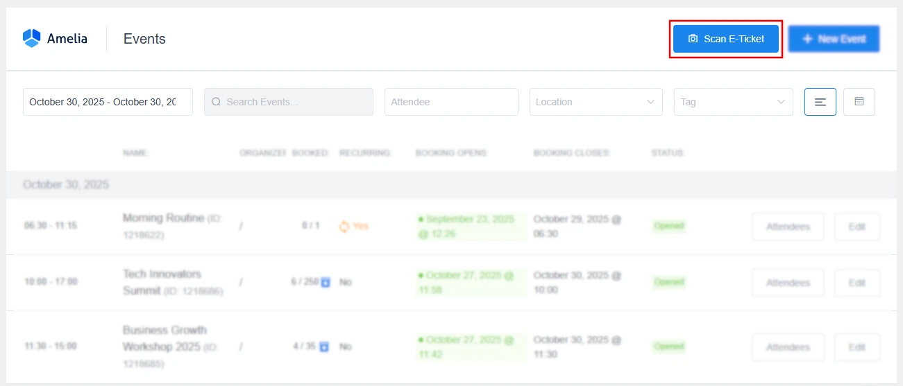 Scan E-Ticket button in the Amelia WordPress back-end for event validation.