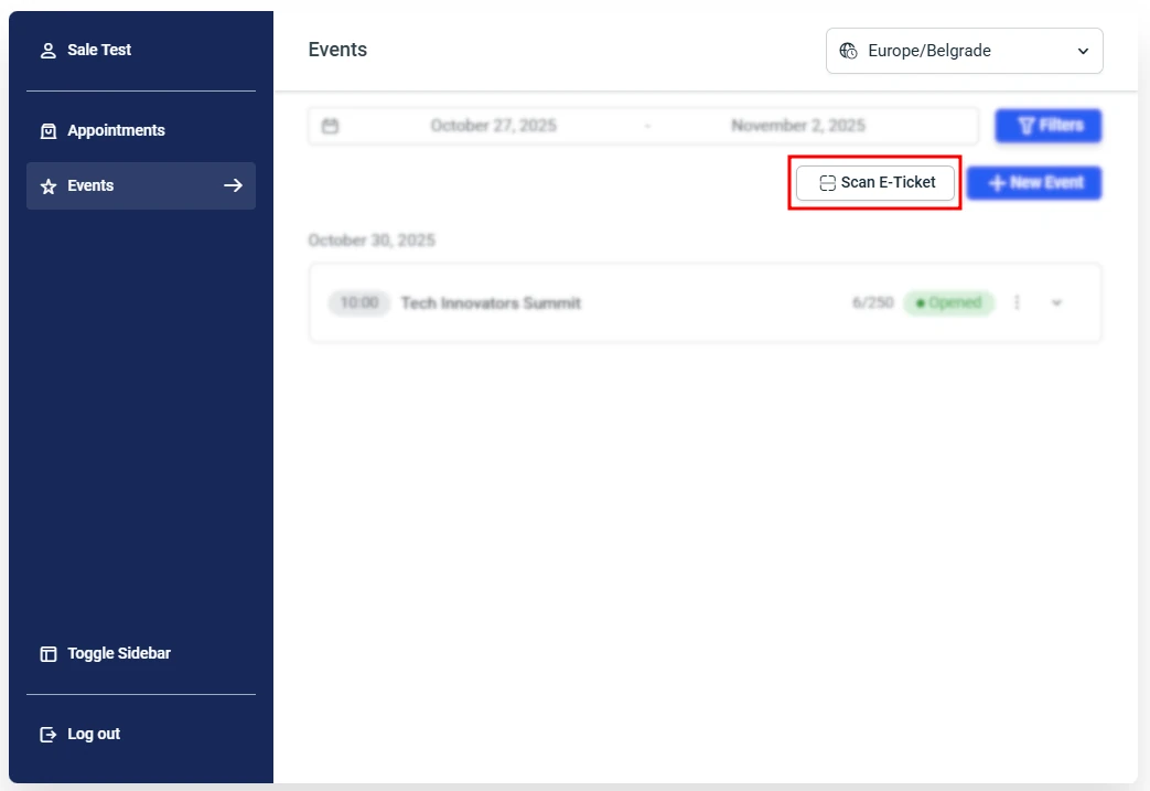 Scan E-Ticket button in the Amelia Employee Panel for validating event attendees.