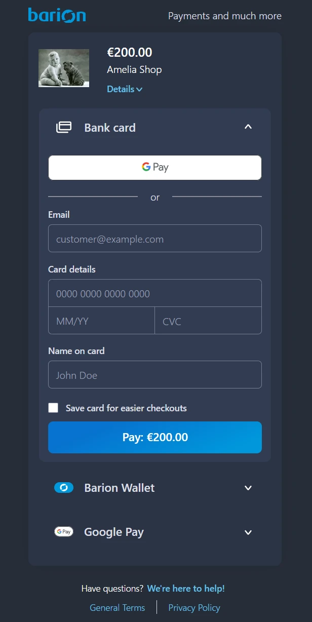 Barion Smart Gateway checkout page for processing Amelia payments.