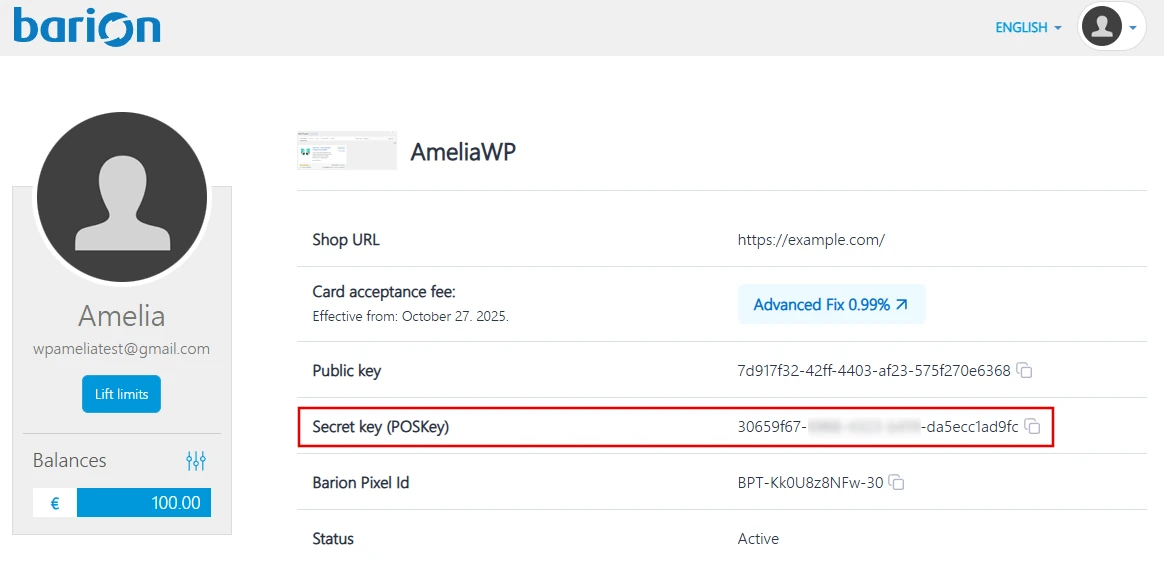 POSKey field shown in Barion shop details page.