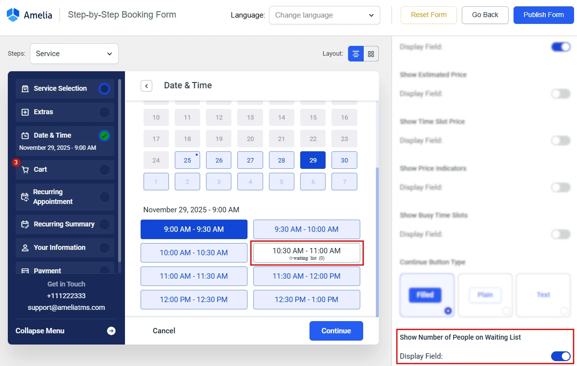 Customize section showing time slot with waiting list label in Amelia.