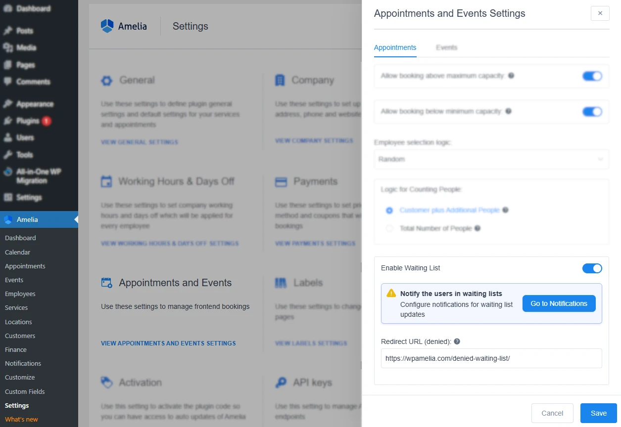 Enable waiting list option in Amelia Appointments settings.