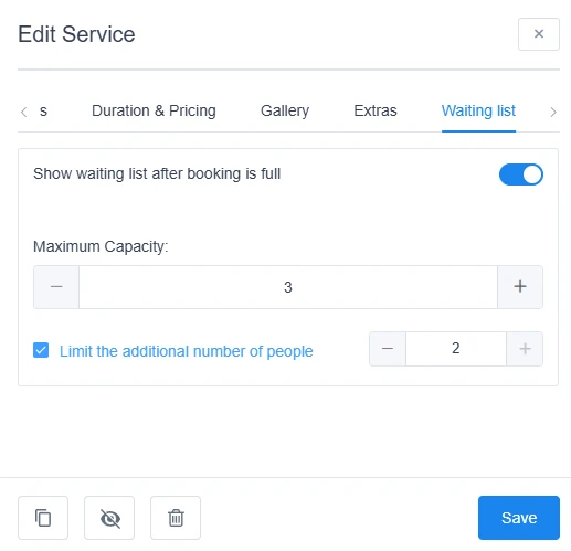 Waiting list settings inside the service edit screen in Amelia.