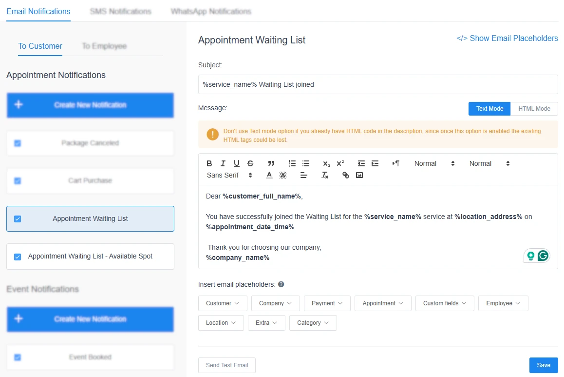 Notifications section showing appointment waiting list templates in Amelia.