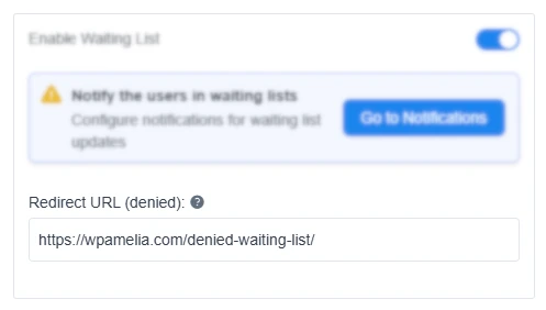 Redirect URL field for failed waiting list attempt in Amelia settings.