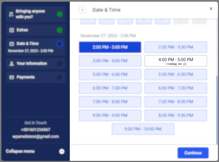Time slot on the booking form showing waiting list icon and number of waiting customers.