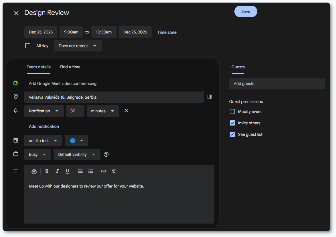 The Google calendar add-event screen with appointment information pulled from Amelia