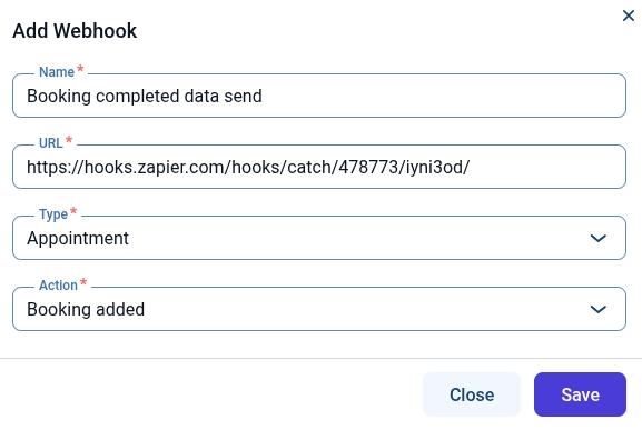 Add Webhook modal with Name, URL, Type, and Action fields