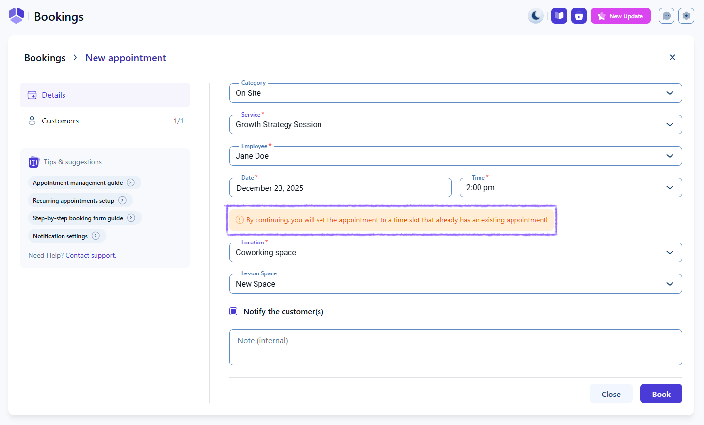 重複した予約が登録されている管理者予約作成画面